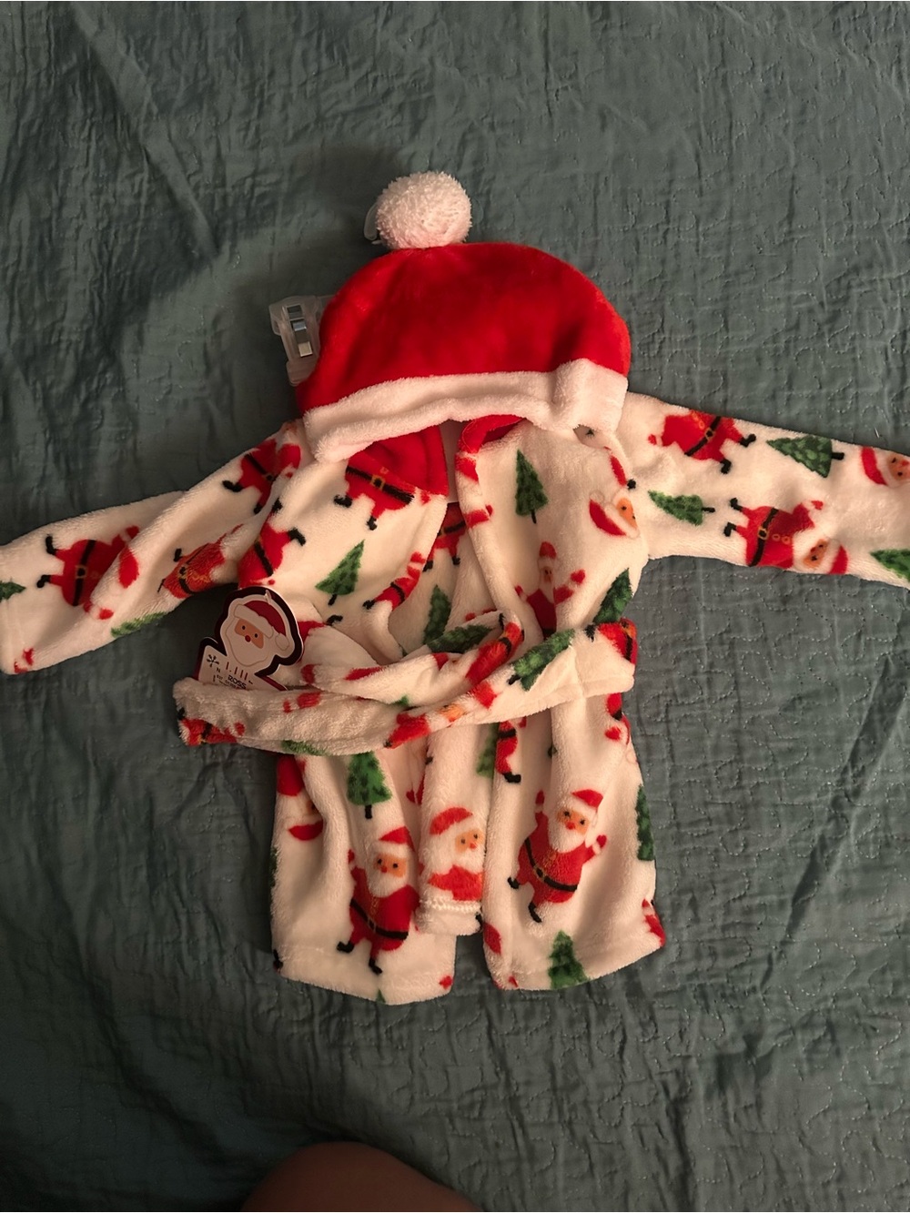 Holiday Santa Plush Kids Bathrobe with Hood - Red & White